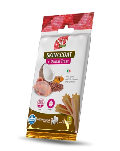 FARMINA N&D Quinoa Dental Treat Skin Coat Quail Medium/Maxi 100 g (7 vnt.) dantų skanėstų vidutiniams ir dideliems šunims