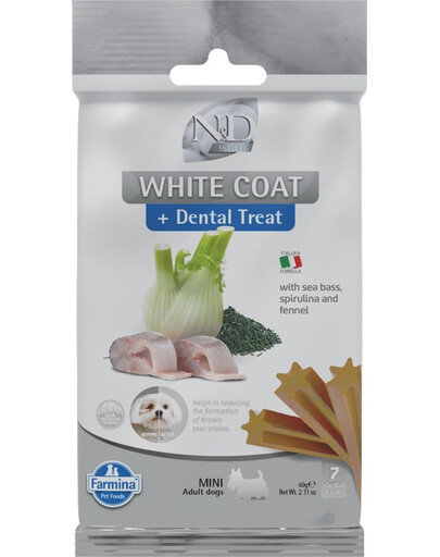 FARMINA N&D White Dental Treat Coat Sea bass Mini 60 g (7 vnt.) dantų skanėstai mažų veislių šunims