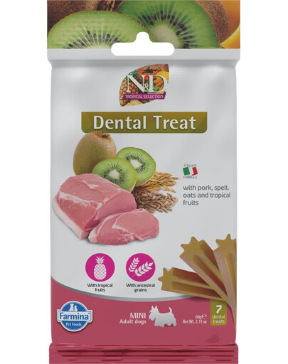 FARMINA N&D Tropical Selection Dental Treat Pork Mini 60 g (7 vnt.) dantų skanėstai mažų veislių šunims