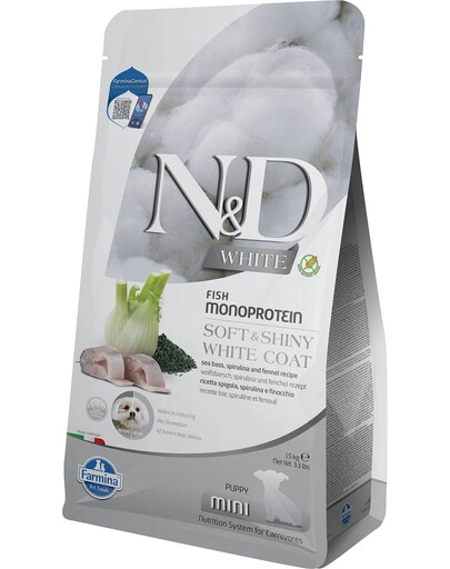 FARMINA N&D White Dog Puppy Mini Sea Bass, Spirulina, Fennel 1,5 kg