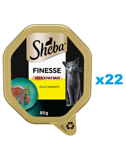 SHEBA Finesse 22 x 85 g dėžutė – visavertis šlapias pašaras su vištiena putėsiuose suaugusioms katėms