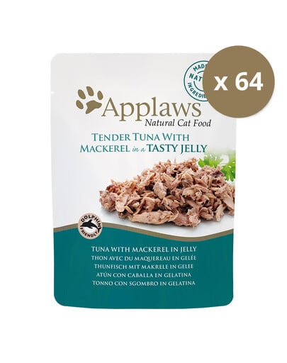APPLAWS Cat Pouch mokra karma dla kota z tuńczykiem i makrelą w galaretce 64 x 70 g