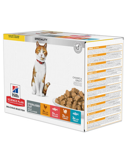 HILL'S Science Plan Feline Young Adult Sterilised Cat Multipack su vištiena, upėtakiu, tunu, lašiša 12x85 g (2+1 NEMOKAMAI)