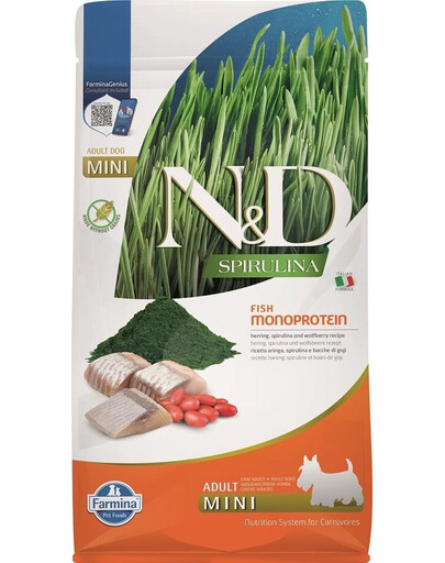 FARMINA N&D Spirulina Adult Mini Silkė ir vilkdalgiai 800 g
