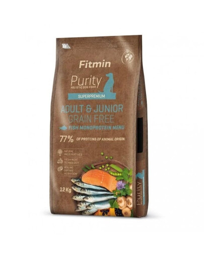 FITMIN Dog Purity Grain Free Adult Junior Fish Menu 12 kg žuvų ėdalo be grūdų jauniems ir suaugusiems vidutinių ir didelių veislių šunims