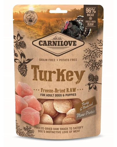 CARNILOVE Raw Freeze-dried Snack Turkey 60g liofilizuoti kalakutų gabalėliai šuniukams ir suaugusiems šunims