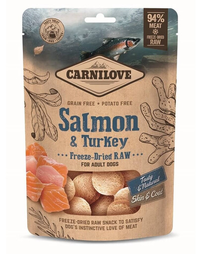 CARNILOVE Raw Freeze-dried Snack Salmon and Turkey 60g liofilizuoti lašišos ir kalakutienos gabaliukai suaugusiems šunims