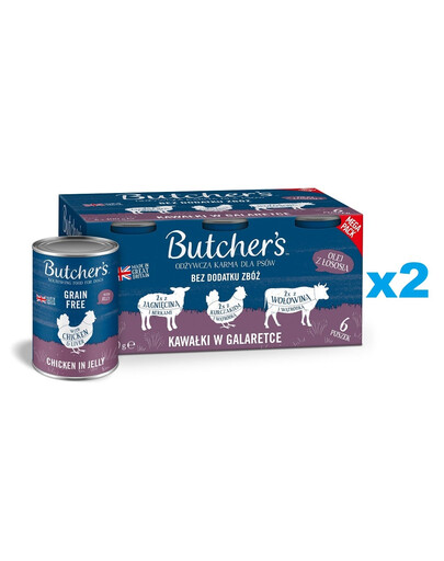 BUTCHER'S Original Recipe in jelly Mix smaków z wątróbką lub nerkami 12x400 g kawałki w galaretce z wołowiną, z jagnięciną i z kurczakiem dla psa