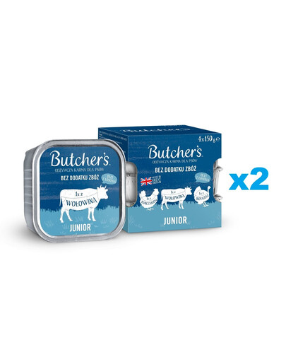 BUTCHER'S Original Junior Mix smaków pasztet z kurczakiem, z wołowiną i z indykiem dla szczeniąt 8x150 g