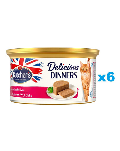 BUTCHER'S Classic Delicious Dinners konservai su kepenimis ir jautiena 85 g x 6