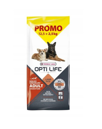VERSELE-LAGA Opti Life Adult Digestion Medium Maxi Lamb 12,5kg + 2,5kg NEMOKAMAI šunims su jautria virškinimo sistema