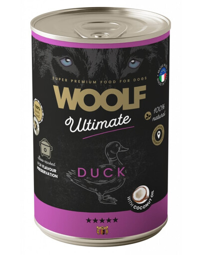 WOOLF Ultimate Adult Dog Duck and Coconut oil 400g drėgnas ėdalas šunims su antiena ir kokosų aliejumi