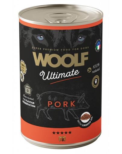 WOOLF Ultimate Adult Dog Pork and Linseed Oil 400g drėgna maistas su kiauliena ir linų sėmenų aliejumi šunims