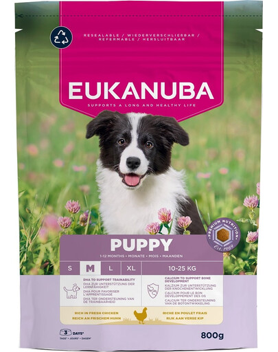 EUKANUBA Puppy Medium Breeds Chicken 800 g sausa maistas vidutinio dydžio šuniukams, turintis šviežio vištienos