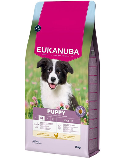 EUKANUBA Puppy Medium Breeds Chicken 15 kg sausas maistas vidutinio dydžio šuniukams, turintis šviežio vištienos