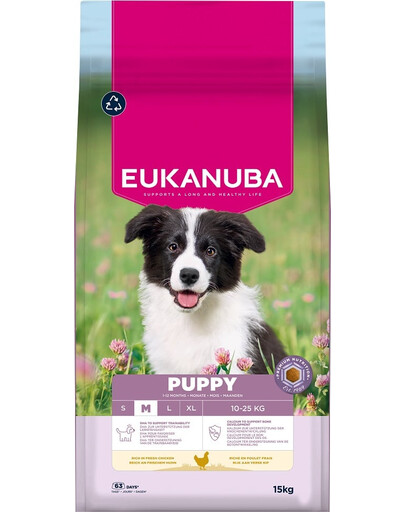 EUKANUBA Puppy Medium Breeds Chicken 15 kg sausas maistas vidutinio dydžio šuniukams, turintis šviežio vištienos