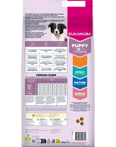 EUKANUBA Puppy Medium Breeds Chicken 15 kg sausas maistas vidutinio dydžio šuniukams, turintis šviežio vištienos
