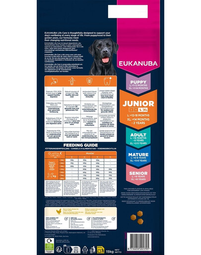 EUKANUBA Junior Large Breeds Chicken 15 kg sausas maistas jauniems didelių veislių šunims, turintis šviežio vištienos
