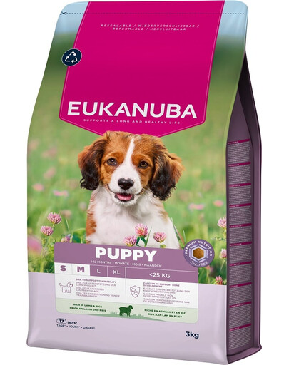 EUKANUBA Puppy Small Medium Breeds Lamb Rice 3 kg sausa maistas šuniukams mažų ir vidutinių veislių, turintis avienos ir ryžių