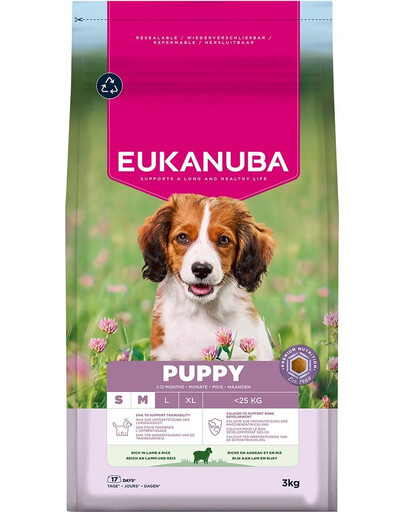 EUKANUBA Puppy Small Medium Breeds Lamb Rice 3 kg sausa maistas šuniukams mažų ir vidutinių veislių, turintis avienos ir ryžių