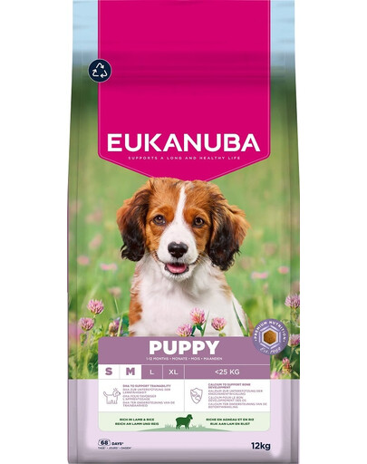 EUKANUBA Puppy Small Medium Breeds Lamb Rice 12 kg sausas maistas mažų ir vidutinių veislių šuniukams, turintis avienos ir ryžių