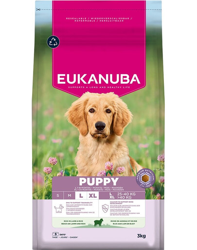EUKANUBA Puppy Large Breeds Lamb Rice 3 kg sausa maistas didelių veislių šuniukams, turintis avienos ir ryžių