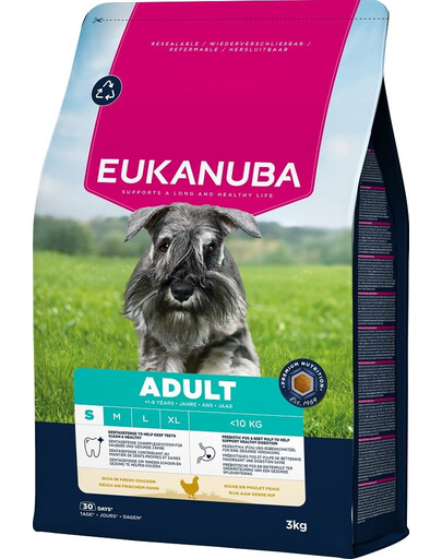 EUKANUBA Adult Small Breeds Chicken 3 kg sausas maistas mažoms veislėms, turtingas šviežia vištiena