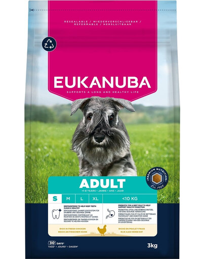 EUKANUBA Adult Small Breeds Chicken 3 kg sausas maistas mažoms veislėms, turtingas šviežia vištiena