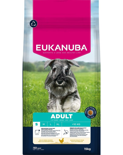 EUKANUBA Suaugusių mažų veislių vištiena 15 kg sausas maistas šunims, turintis šviežios vištienos
