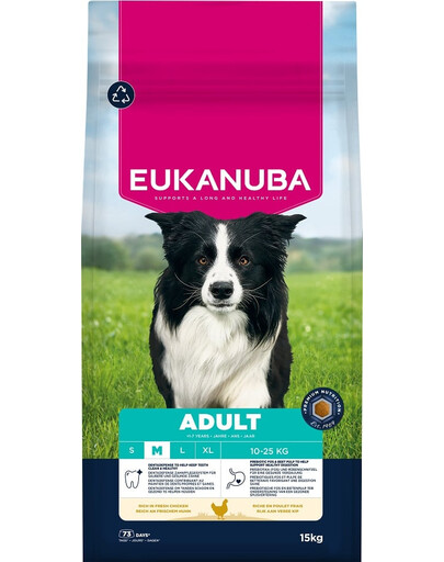 EUKANUBA Adult Medium Breeds Chicken 15 kg sausas ėdalas vidutinio dydžio šunims, kuriame gausu šviežios vištienosEUKANUBA Adult Medium Breeds Chicken 15 kg sausas ėdalas vidutinio dydžio šunims, kuriame gausu šviežios vištienos
