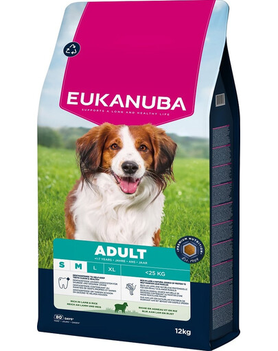 EUKANUBA Adult Small Medium Breeds Lamb Rice 12 kg sausas ėdalas mažiems ir vidutiniams šunims, kuriame gausu ėrienos ir ryžių