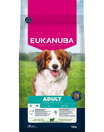 EUKANUBA Adult Small Medium Breeds Lamb Rice 12 kg sausas ėdalas mažiems ir vidutiniams šunims, kuriame gausu ėrienos ir ryžių
