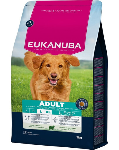 EUKANUBA Suaugusių Didelių Veislių Aviena Ryžiai 3 kg sausas maistas dideliems šunims, turintis avienos ir ryžių