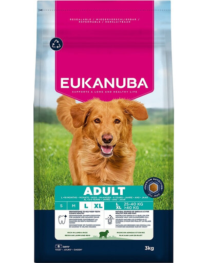 EUKANUBA Suaugusių Didelių Veislių Aviena Ryžiai 3 kg sausas maistas dideliems šunims, turintis avienos ir ryžių
