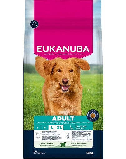 EUKANUBA Adult Large Breeds Lamb Rice 12kg sausa maistas, turtingas aviena ir ryžiais didelių veislių šunims