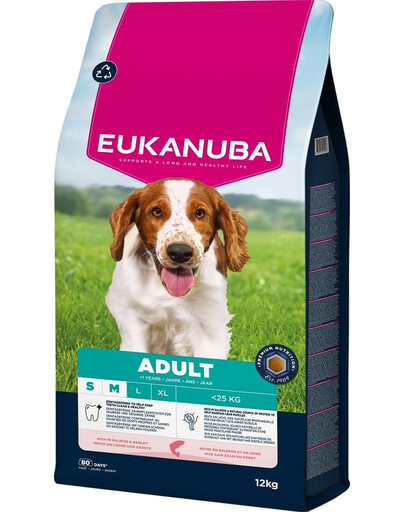 EUKANUBA Adult Small & Medium Breeds Salmon & Barley 12 kg – sausas pašaras su lašiša ir miežiais suaugusiems mažų ir vidutinių veislių šunims