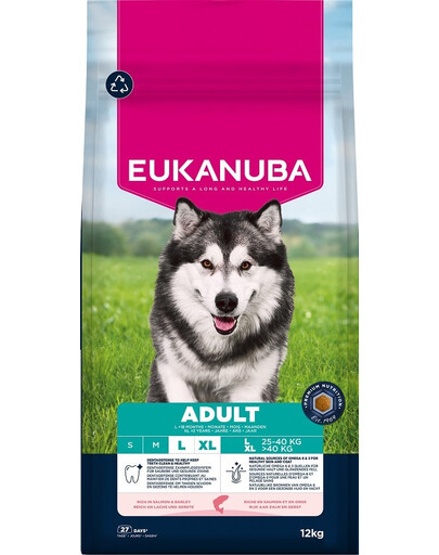 EUKANUBA Adult Large Breeds Salmon Barlej 12 kg sausa maistas dideliems šunims, turintis lašišos ir miežių