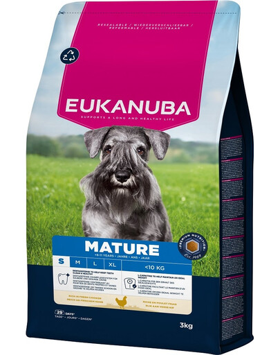 EUKANUBA Mature Small Breeds Chicken 3 kg sausas maistas suaugusiems mažų veislių šunims, turintis šviežio vištienos