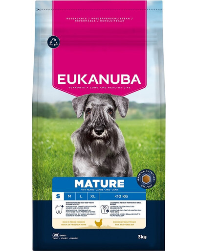 EUKANUBA Mature Small Breeds Chicken 3 kg sausas maistas suaugusiems mažų veislių šunims, turintis šviežio vištienos