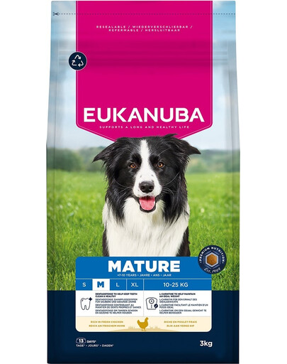 EUKANUBA Mature Medium Breeds Chicken 3 kg sausa maistas suaugusiems vidutinio dydžio šunims, turintis šviežio vištienos