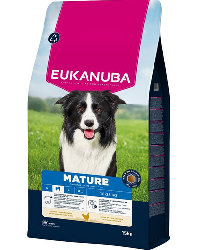 EUKANUBA Mature Medium Breeds Chicken 15 kg sausas maistas subrendusiems vidutinio dydžio šunims, turintis šviežio vištienos