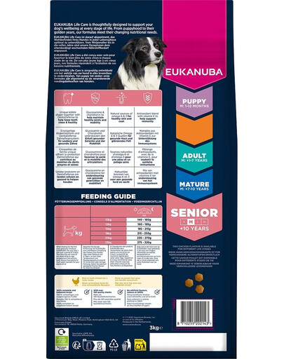 EUKANUBA Senior Medium Breeds Chicken 3 kg sausa maistas vyresniems vidutinio dydžio šunims, turintis šviežio vištienos