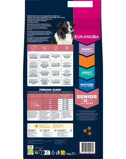 EUKANUBA Senior Medium Breeds Chicken 15 kg sausa maistas vyresniems vidutinio dydžio šunims, turintis šviežio vištienos