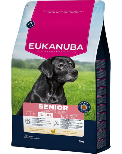 EUKANUBA Senior Large Breeds Chicken 3 kg sausas maistas vyresniems didelių veislių šunims, turintis šviežio vištienos