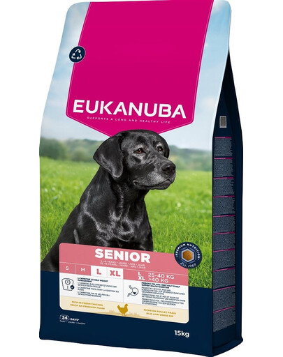 EUKANUBA Senior Large Breeds Chicken 15 kg sausas ėdalas didelių veislių vyresniems šunims, kuriame gausu šviežios vištienos