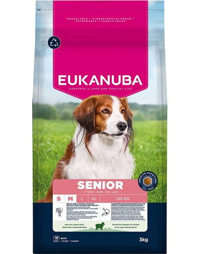 EUKANUBA Senior Small Medium Breeds Lamb Rice 3 kg sausas ėdalas mažiems ir vidutinio dydžio vyresniems šunims, kuriame gausu ėrienos ir ryžių.