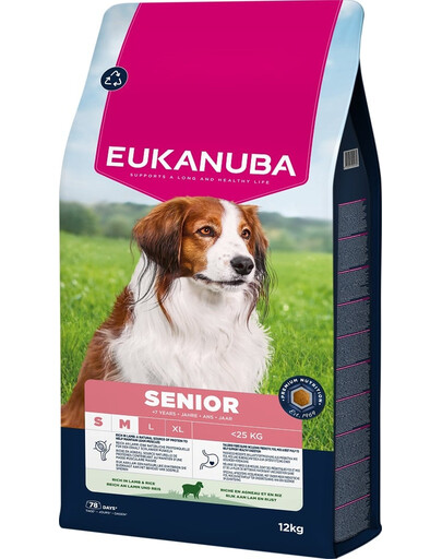 EUKANUBA Senior Small Medium Breeds Lamb Rice 12 kg sausa maistas vyresniems mažų ir vidutinių veislių šunims, turintis avienos ir ryžių