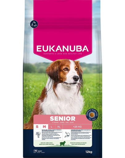 EUKANUBA Senior Small Medium Breeds Lamb Rice 12 kg sausa maistas vyresniems mažų ir vidutinių veislių šunims, turintis avienos ir ryžių