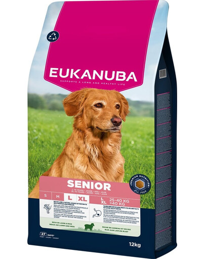 EUKANUBA Senior Large Breeds Lamb Rice 12 kg sausa maistas vyresniems didelių veislių šunims, turintis avienos ir ryžių