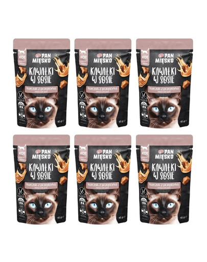 PAN MIĘSKO Gulščių gabaliukai padaže Vištiena su putpelėmis, šlapias kačių maistas, 6 x 85 g